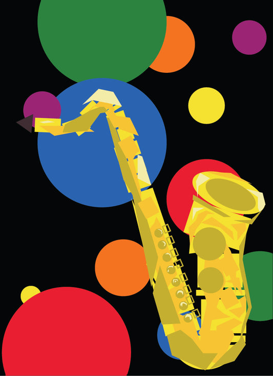 18 x 24" black poster with 1" white border with large illustration of a yellow saxophone with multi coloured dots in the background in different sizes