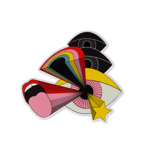 3 eye sticker illustration with a rainbow, mouth and star shooting out of it
