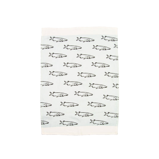 16" x 24" 100% linen tea towel in white featuring a repeating pattern of an illustrated fish