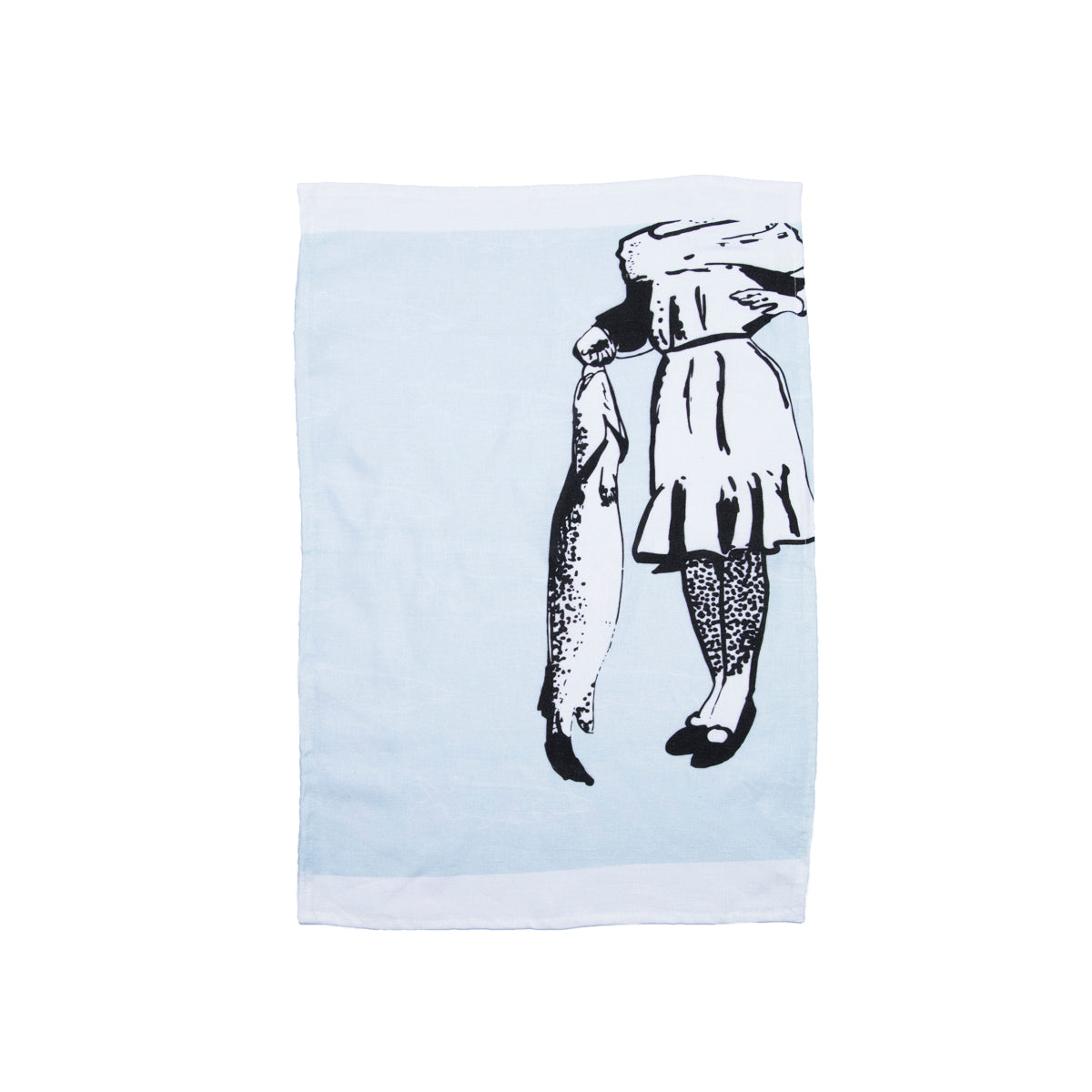16" x 24" 100% linen tea towel in light blue with an illustration of a girl holding a fish