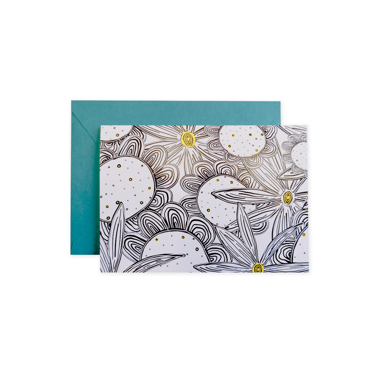 4 1/2" x 6 1/4" greeting card with high contract black and white flower line art pattern, hand illustrated