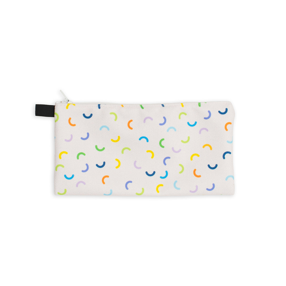 9" x 4" white pencil case with macaroni pattern in shades of blue, green, yellow, orange and purple