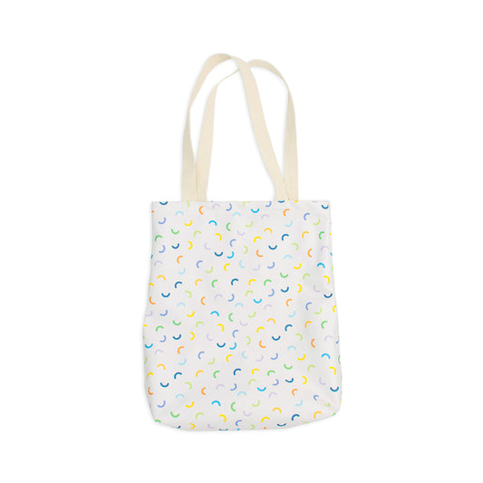 16" x 13" x 3" durable white polycanvas bag in macaroni pattern with orange, blue, yellow, green and purple macaronis