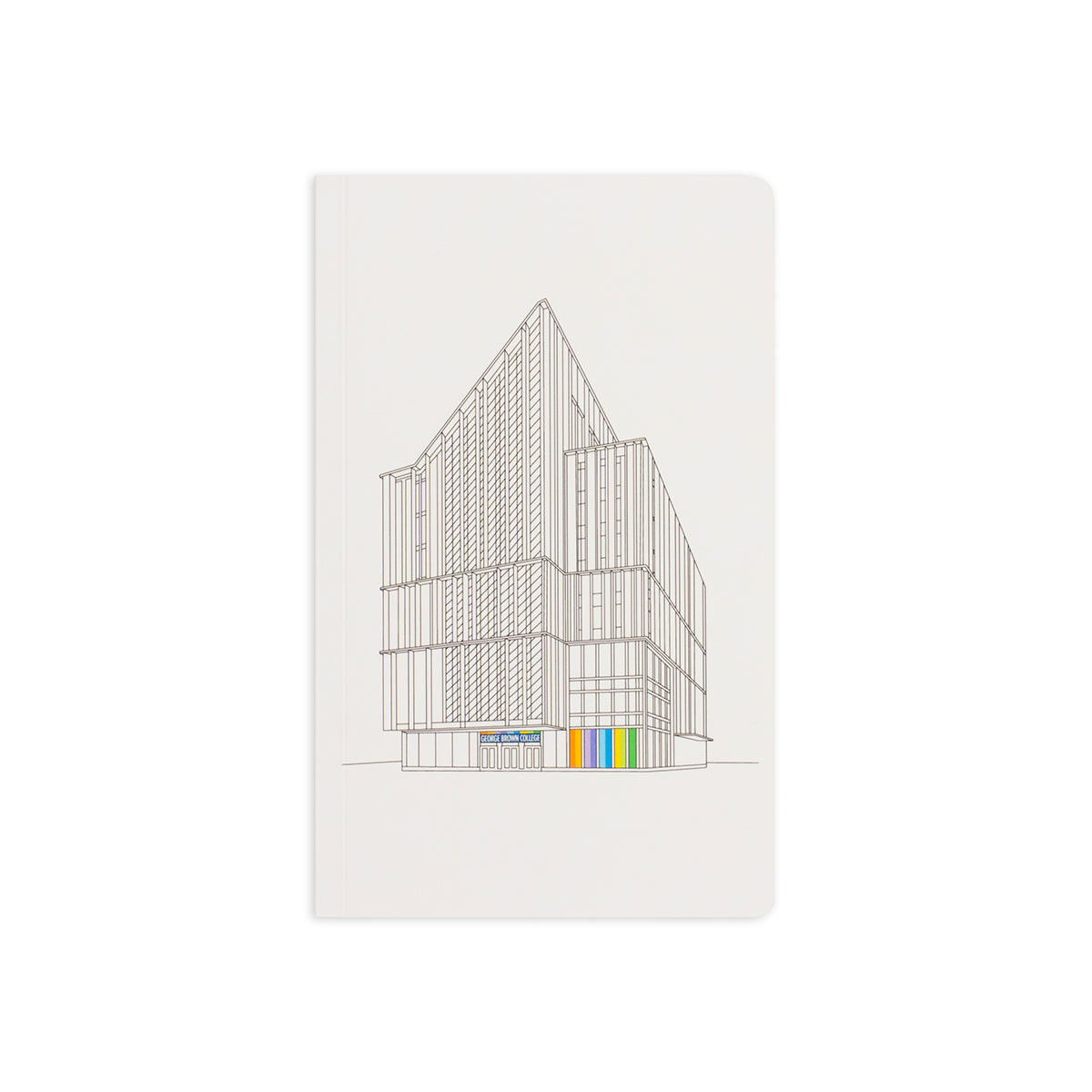 5" x 8.25" soft cover white notebook featuring George Brown College's Arbour Building in line art style