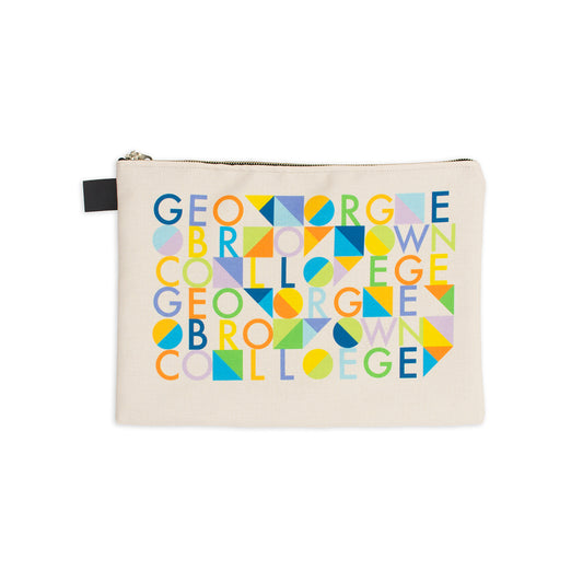 14" x 10.5" white zip pouch featuring multicoloured george brown text and experimental shapes