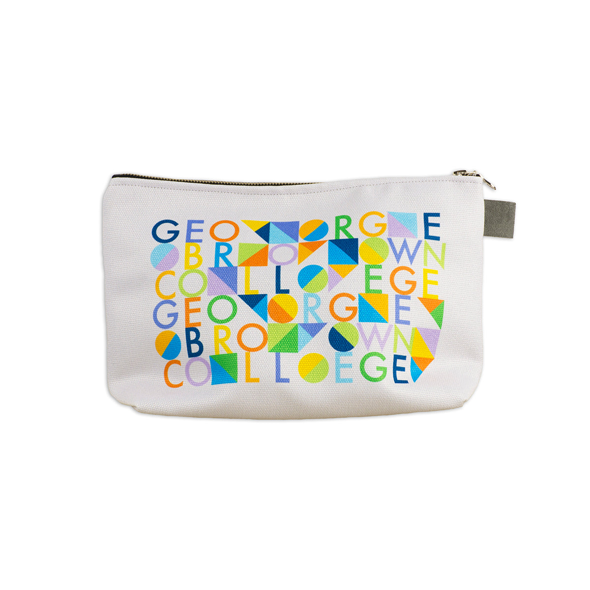 12" x 7" x 4" gusseted travel bag in white with  with multicoloured george brown college text and geometric shape pattern 