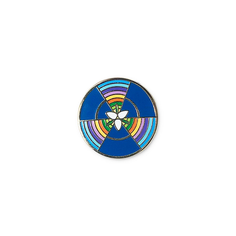 gold plated enamel pin with Ontario Trillium in the centre and blue, yellow, orange, purple and green circular stripes in the background 