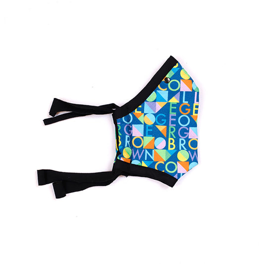 mask, blue with multicoloured george brown college text and geometric shape pattern