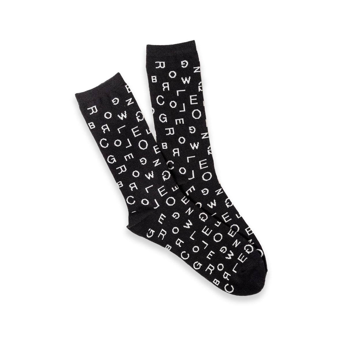 black jacquard knit crew socks with george brown college scattered white letters
