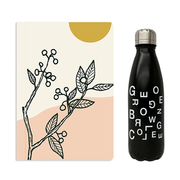 a bundle including a soft cover notebook with black foliage line drawing and black insulated water bottle with scattered george brown text