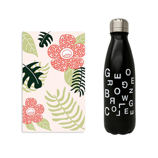 a bundle featuring soft cover notebook with pink and green foliage illustration and black insulated water bottle with scattered george brown text