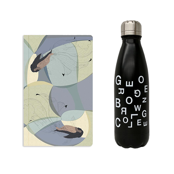 a bundle featuring soft cover notebook with an abstract koi fish illustration and black insulated water bottle with scattered george brown text