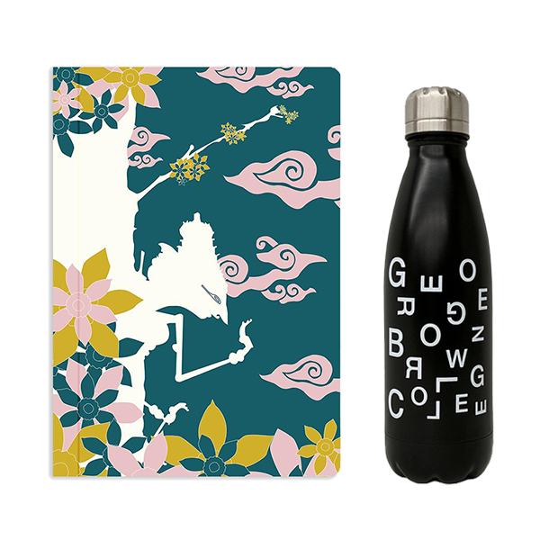 bundle of 7.25" x 10" soft cover notebook with mystical inspired illustration in shades of dark green, pink, yellow and white and black stainless steel insulated water bottle with george brown college scattered text