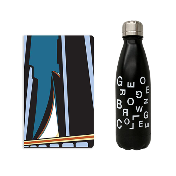 a bundle featuring soft cover notebook with teal, black, and light blue abstract lines in different sizes and black insulated water bottle with scattered george brown text