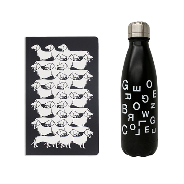 bundle of 5" x 8.25" soft cover black notebook with 12 dachshund illustrations in a linear 3x3 grid pattern in white and black stainless steel insulated water bottle with george brown college scattered text
