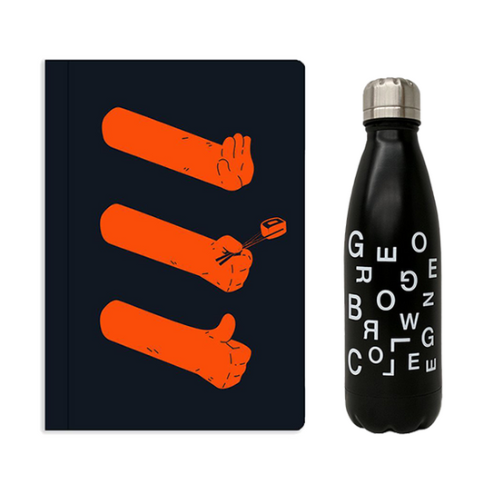 a bundle featuring black notebook with three orange illustrated arms and black stainless steel water bottle with scattered george brown text