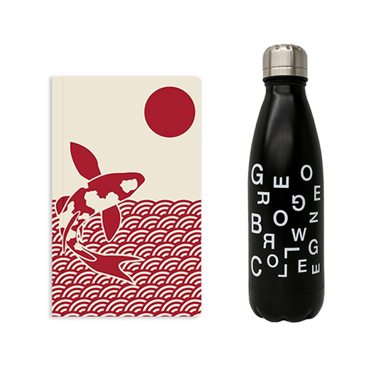 a bundle featuring soft cover notebook with red illustrated details and black insulated water bottle with george brown scattered text