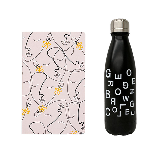bundle featuring 5" x 8.25" soft cover white notebook with thin black line art faces with yellow flower earrings pattern and black stainless steel insulated water bottle with george brown college scattered text