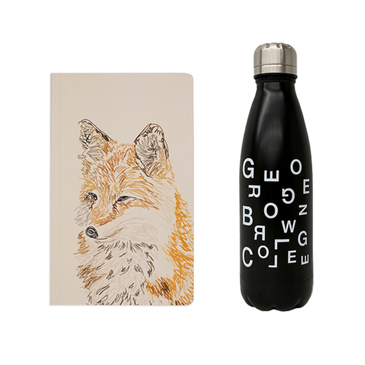 bundle featuring black stainless steel george brown college water bottle and 5" x 8.25" soft cover notebook in beige featuring large hand sketched illustration of a fox in the middle