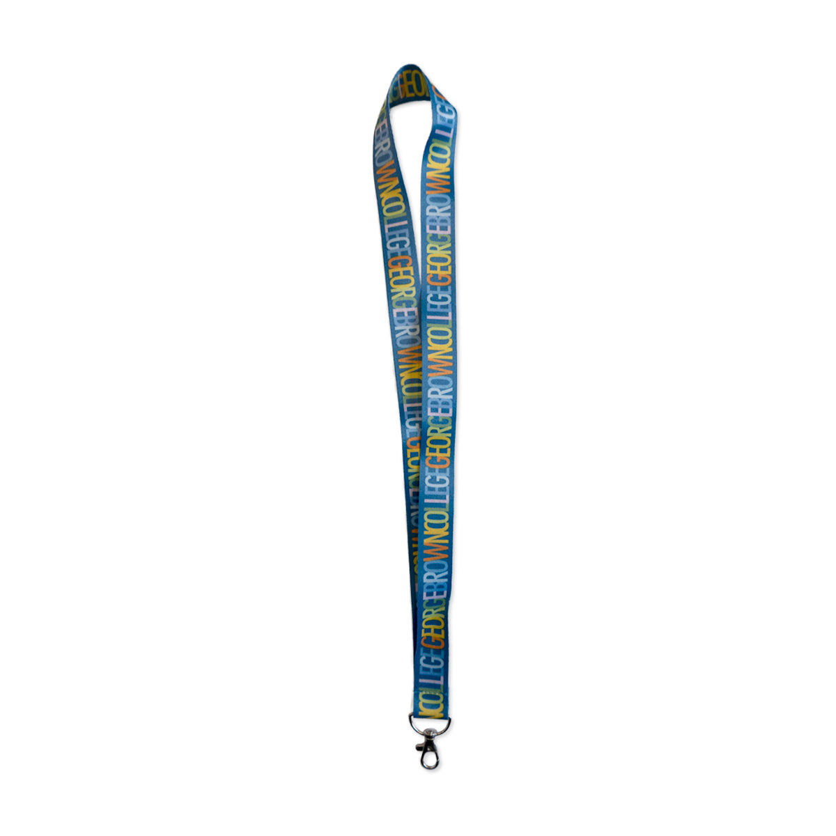 george brown college blue lanyard with colourful text