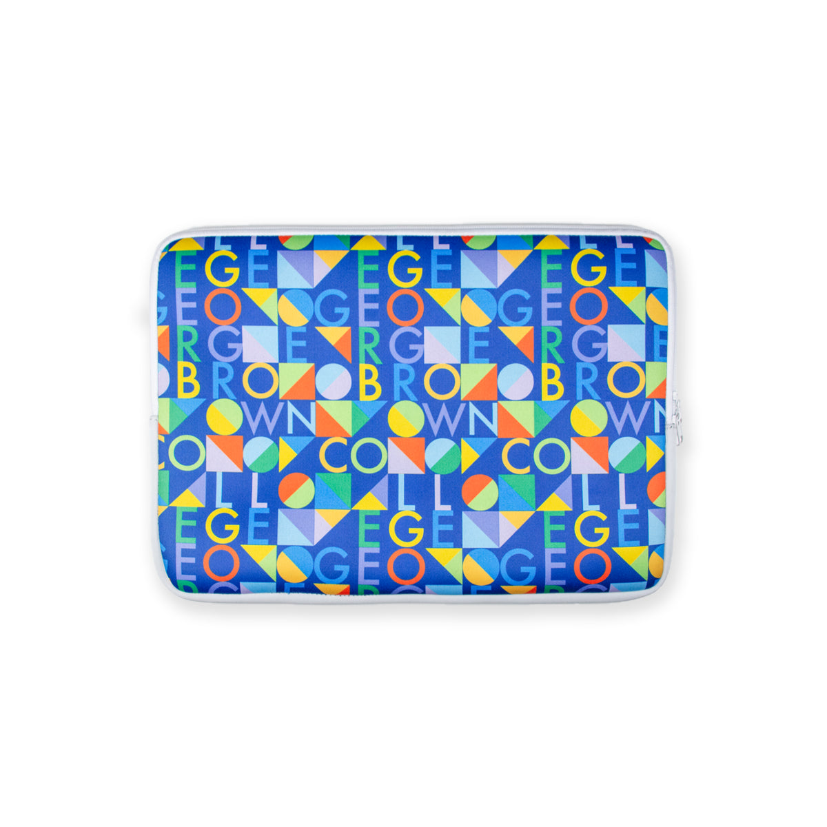15" laptop sleeve in blue with multicoloured george brown college text and geometric shape pattern