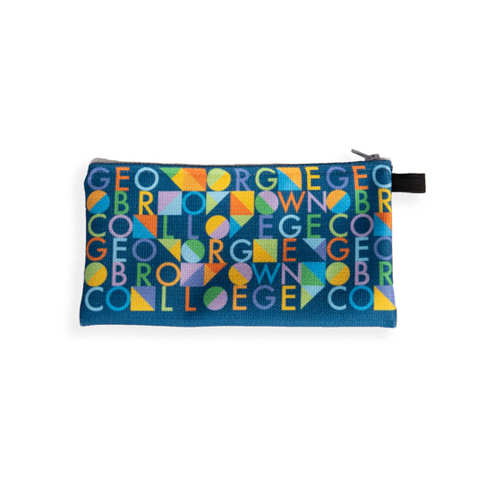 navy pencil case with george brown college experimental text in shades of blue, green, orange, yellow and purple
