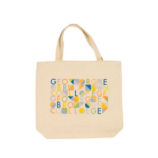 beige tote bag featuring multicoloured george brown college text
