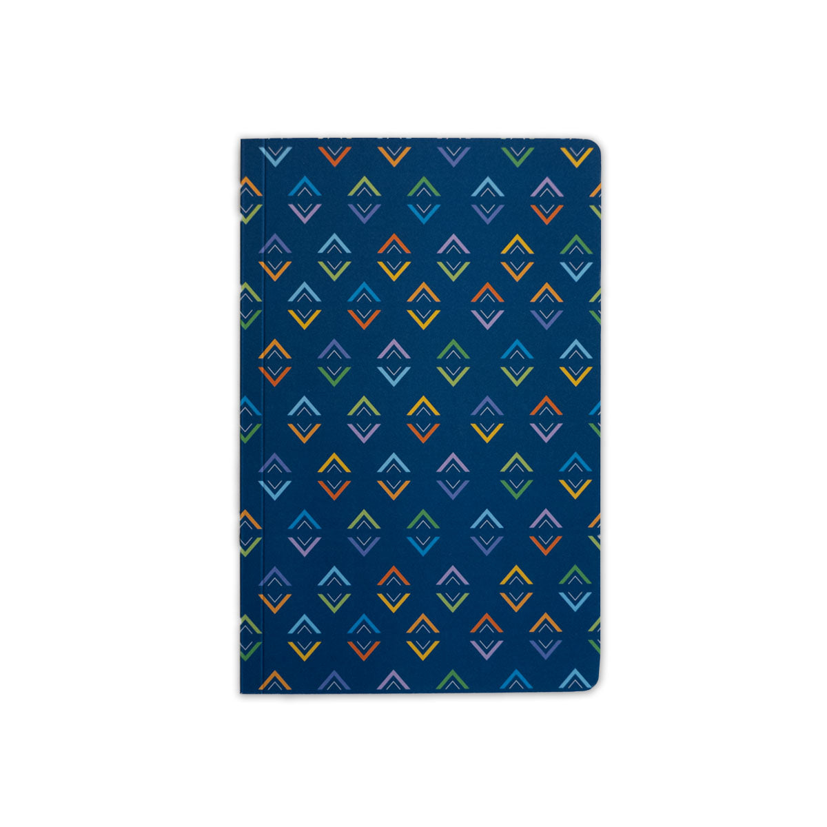 5" x 8.25" soft cover navy notebook with up and down triangles in george brown college colours (green, orange, yellow, blue, purple)