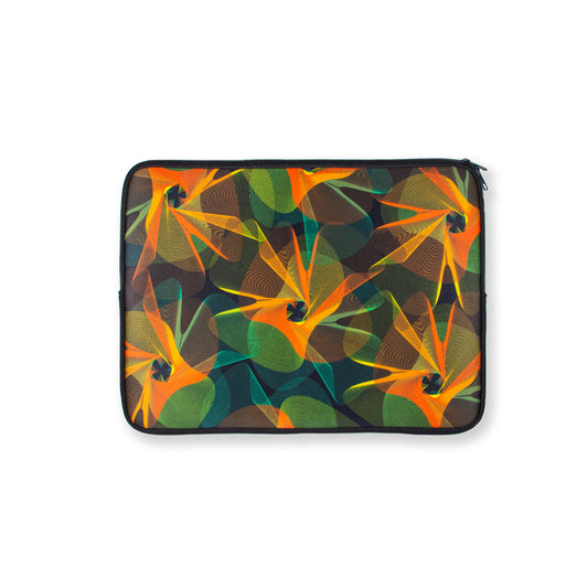 overlapping multicoloured spiral design neoprene 15" laptop case with microfibre lining inside
