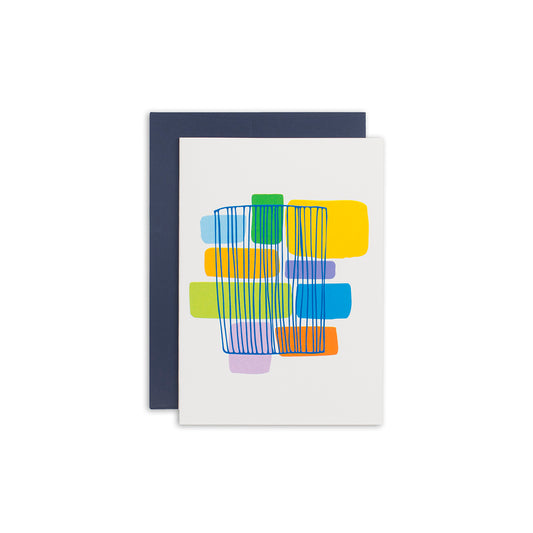 4 1/2" x 6 1/4" greeting card with abstract rectangle shapes in shades of yellow, green, orange, purple and blue