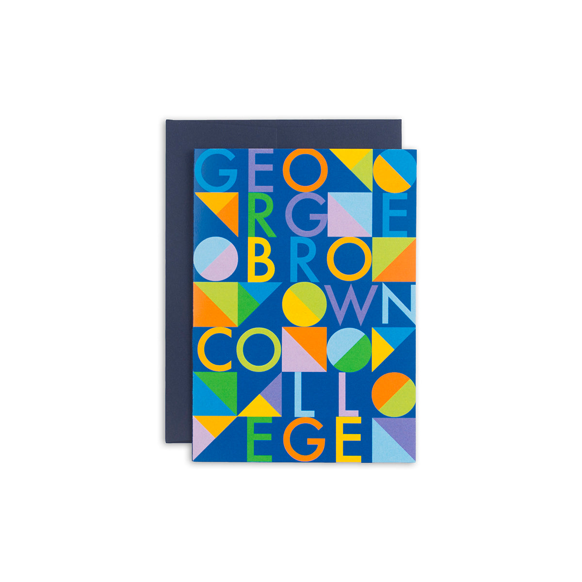 greeting card with george brown college text in the GBC colours, blue, purple, orange, yellow, green