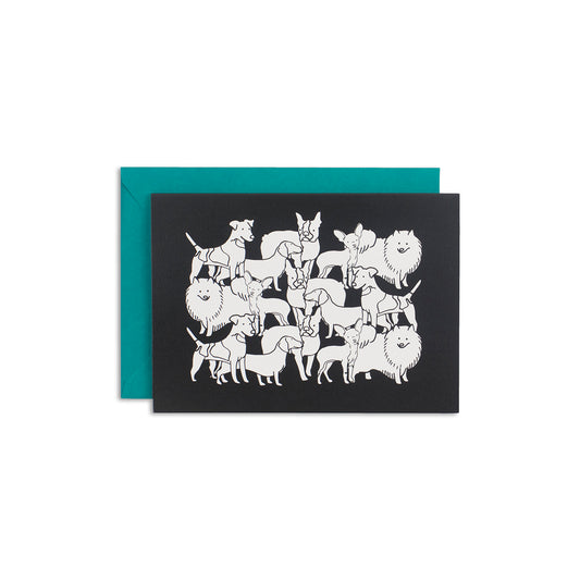 4 1/2" x 6 1/4" greeting card with various dog breed illustrations in white