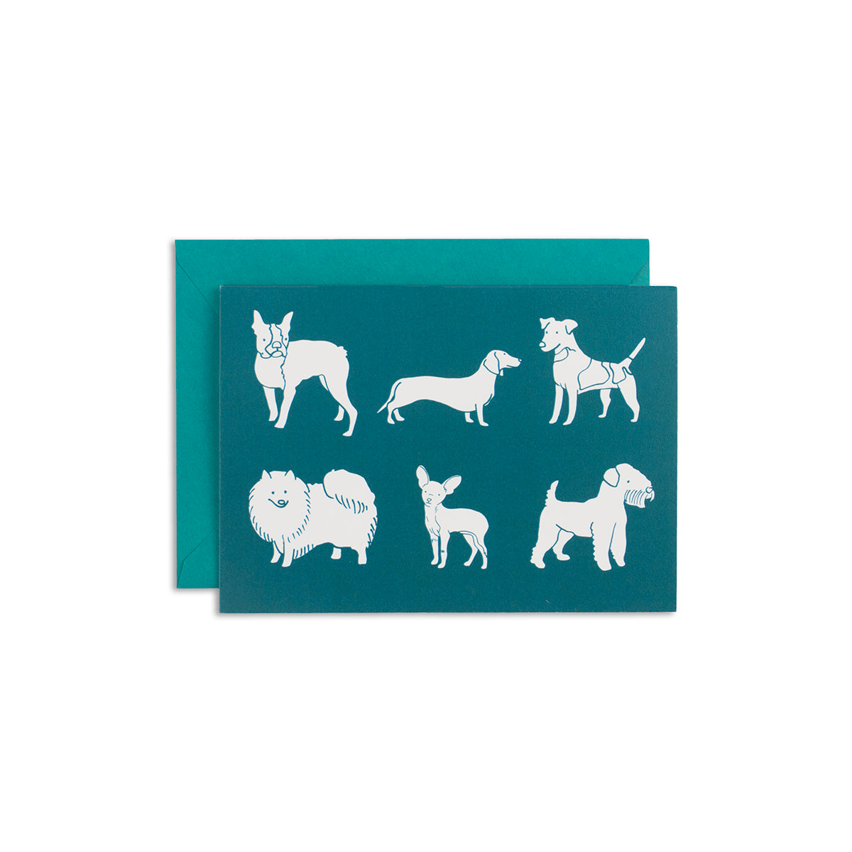 4 1/2" x 6 1/4" greeting card with 6 various dog breed illustrations in white