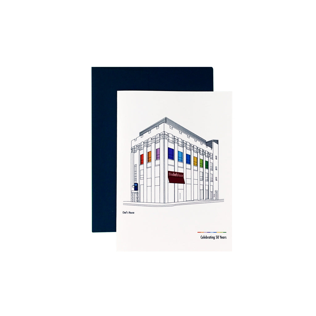 4.5" x 6.25" white greeting card featuring line drawing of George Brown College's Chef House