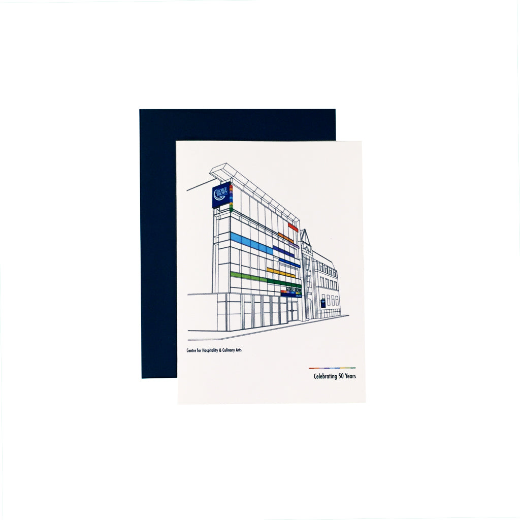 4.5" x 6.25"  white greeting card featuring a line art illustration of George Brown College's Centre for Hospitality and Culinary Arts