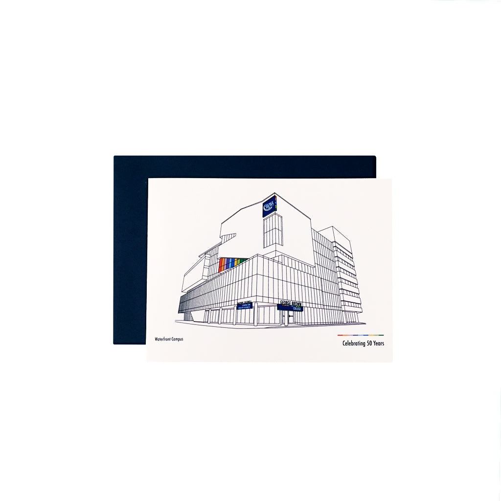 4.5" x 6.25" white greeting card featuring line art illustration of George Brown College's Waterfront building
