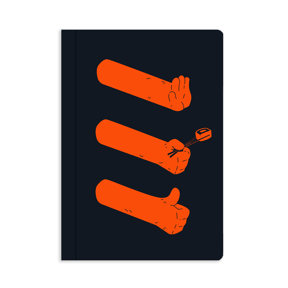 7.25" x 10" soft cover black notebook featuring an illustration of three orange arms with the middle arm holding a chopsticks and a sushi roll