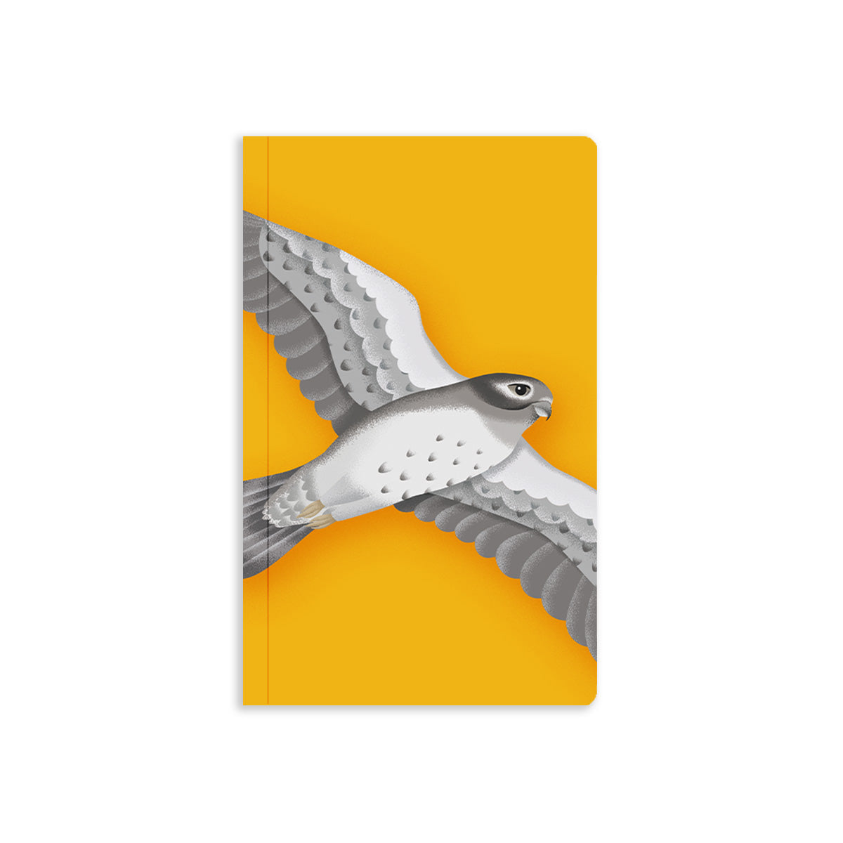 Illustrated gyrfalcon mid-flight on a yellow background