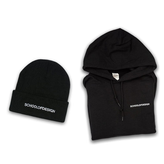 black beanie with embroidered school of design text and black pullover hoodie with embroidered school of design text on left chest