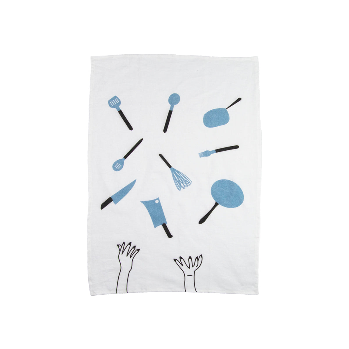 16" x 24" 100% linen tea towel featuring illustrations of various kitchen utensils and two hands tossing them into the air