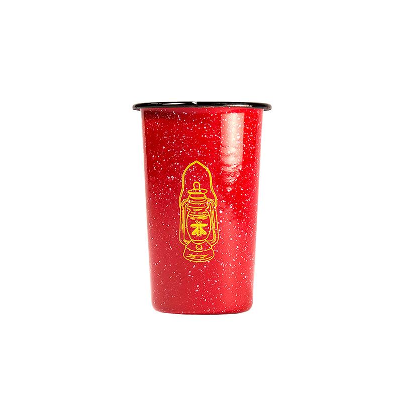 16oz enamel and stainless steel red tumbler with retro lantern and firefly illustration in yellow