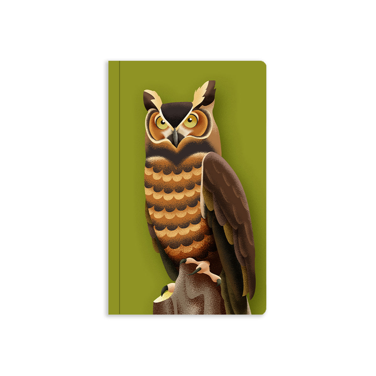 Illustrated horned owl on an olive green background