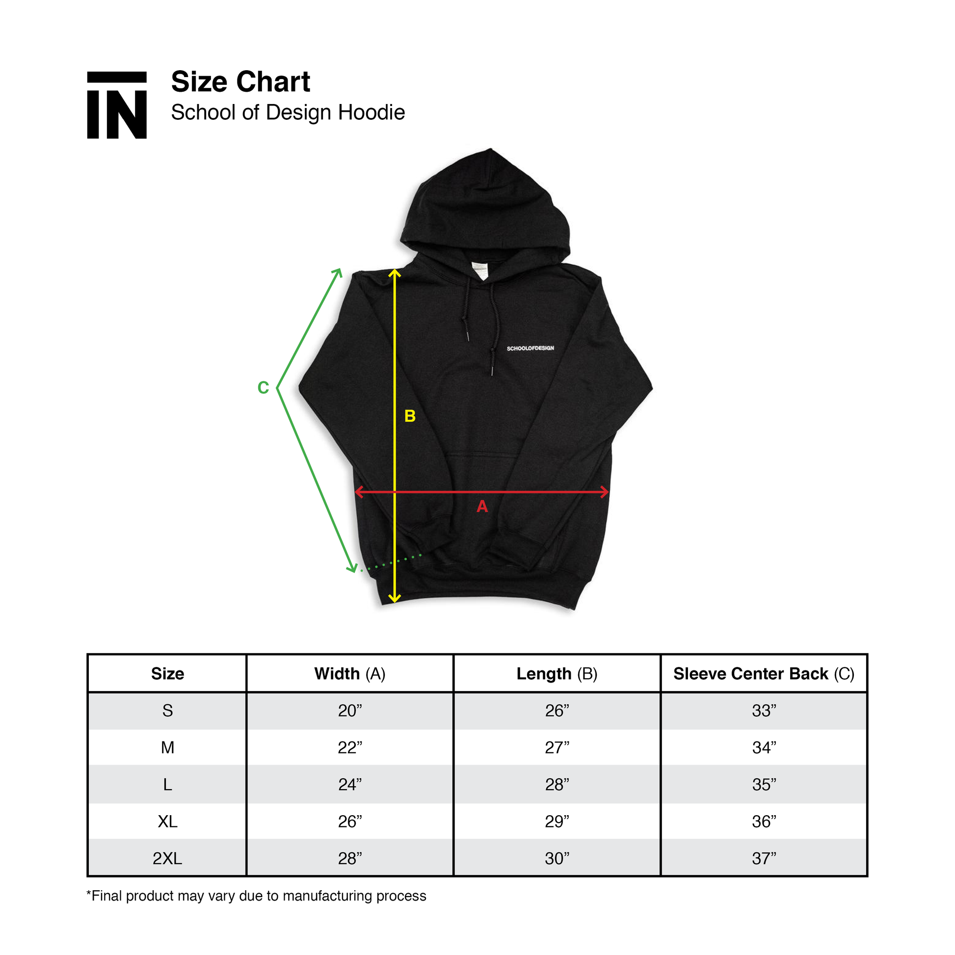 Size chart for SOD Hoodie. Size small: 20" width, 26" height, 33" Sleeve center back. Medium: 22" width, 27" height, 34" sleeve center back. Large: 24" width, 28" height, 35" sleeve center back. XL: 26" width, 29" height, 36" sleeve center back. 2XL: 28" width, 30" height, 37" sleeve center back.