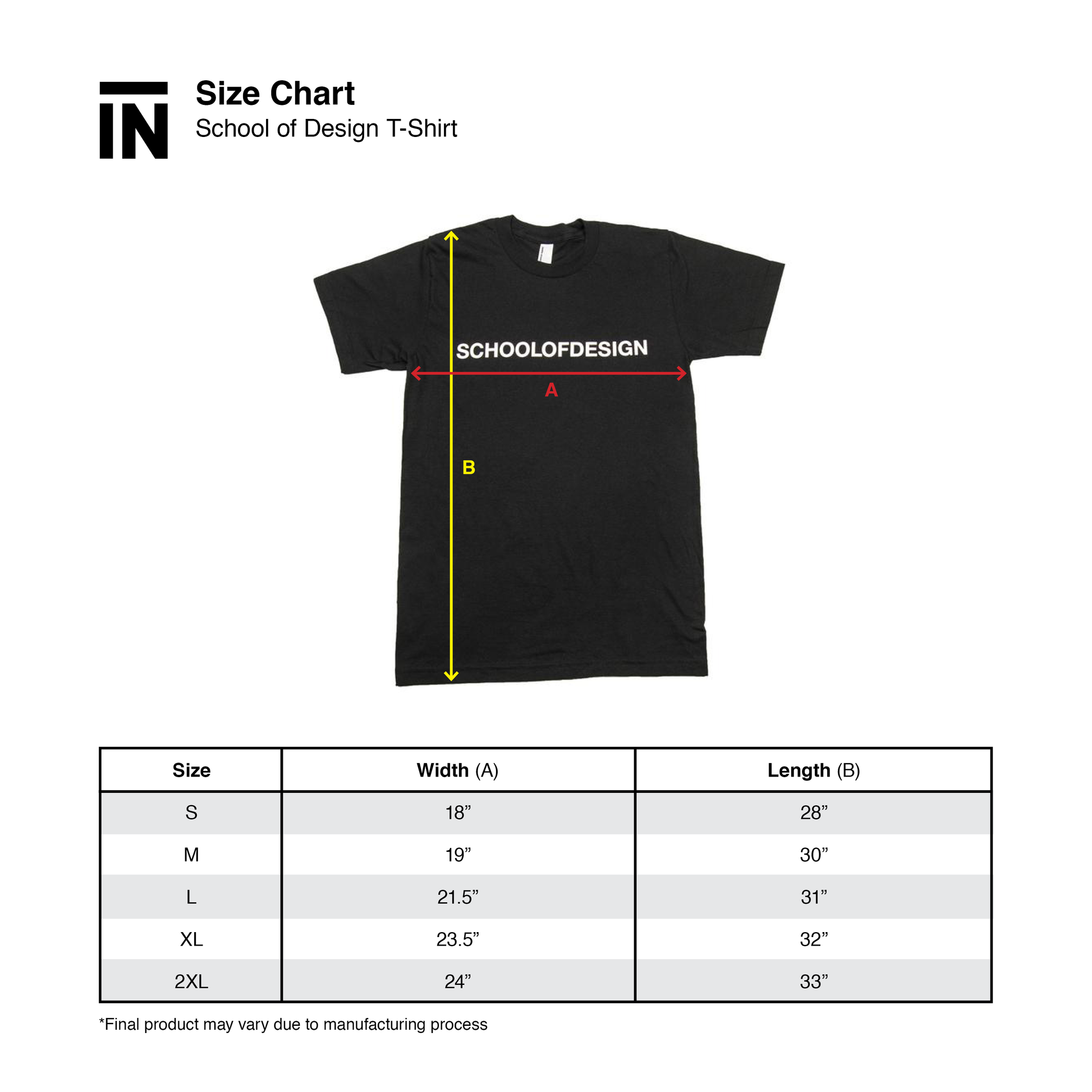Size chart for SOD T-Shirt. Size small: 18" width, 28" length. Medium: 19" width, 30" length. Large: 21.5" width, 31" length. XL: 23.5" width, 32" length. 2XL: 24" width, 33" length.