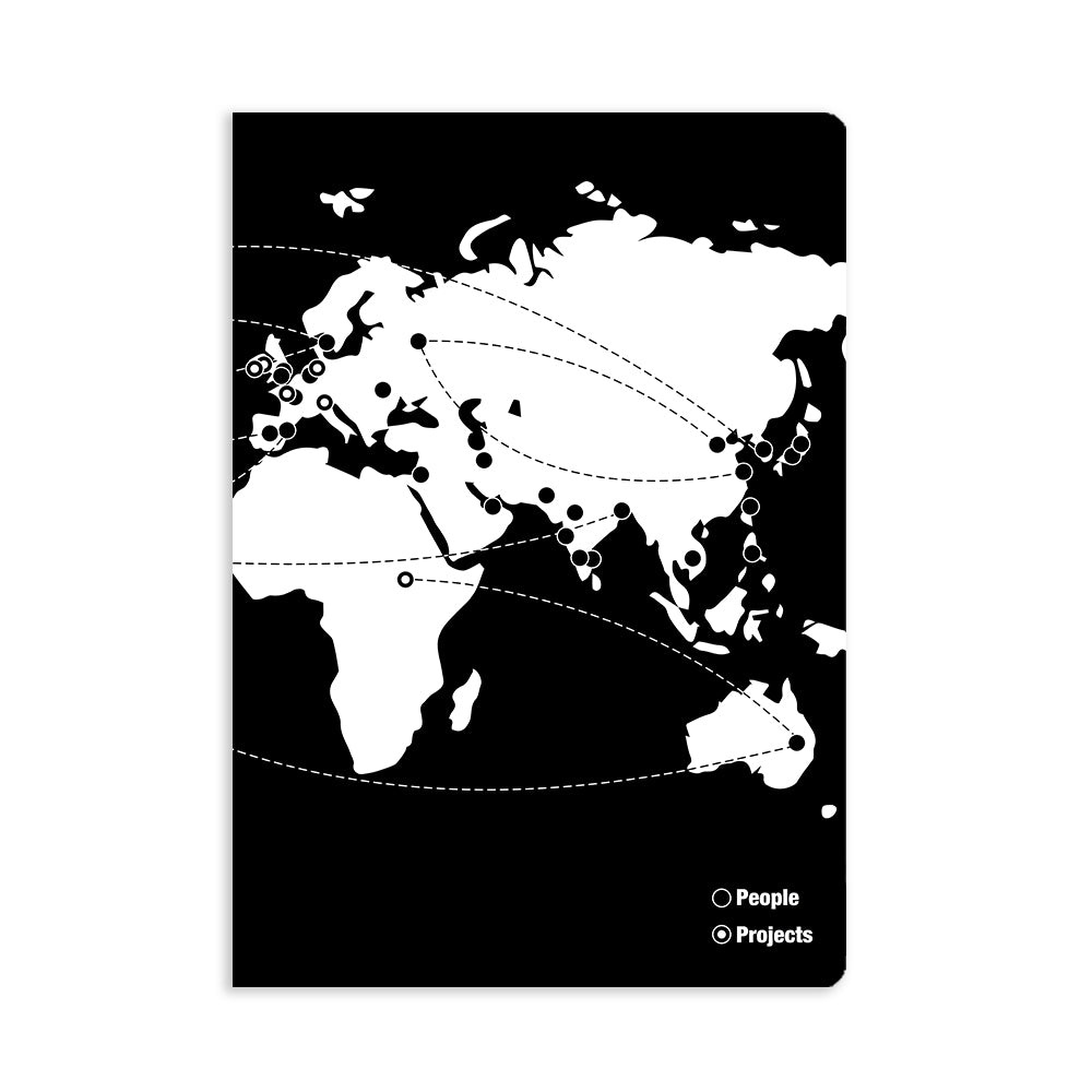 7.25" x 10" black notebook representing the institute without boundaries - illustration of a white map and lines and dots representing locations
