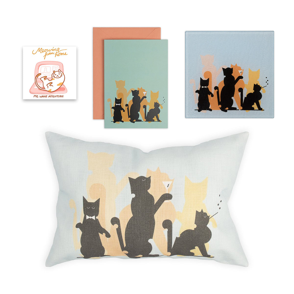 jazz cats bundle including a greeting card, trivet and pillow case cover featuring three silhouettes of cats in black and shades of orange