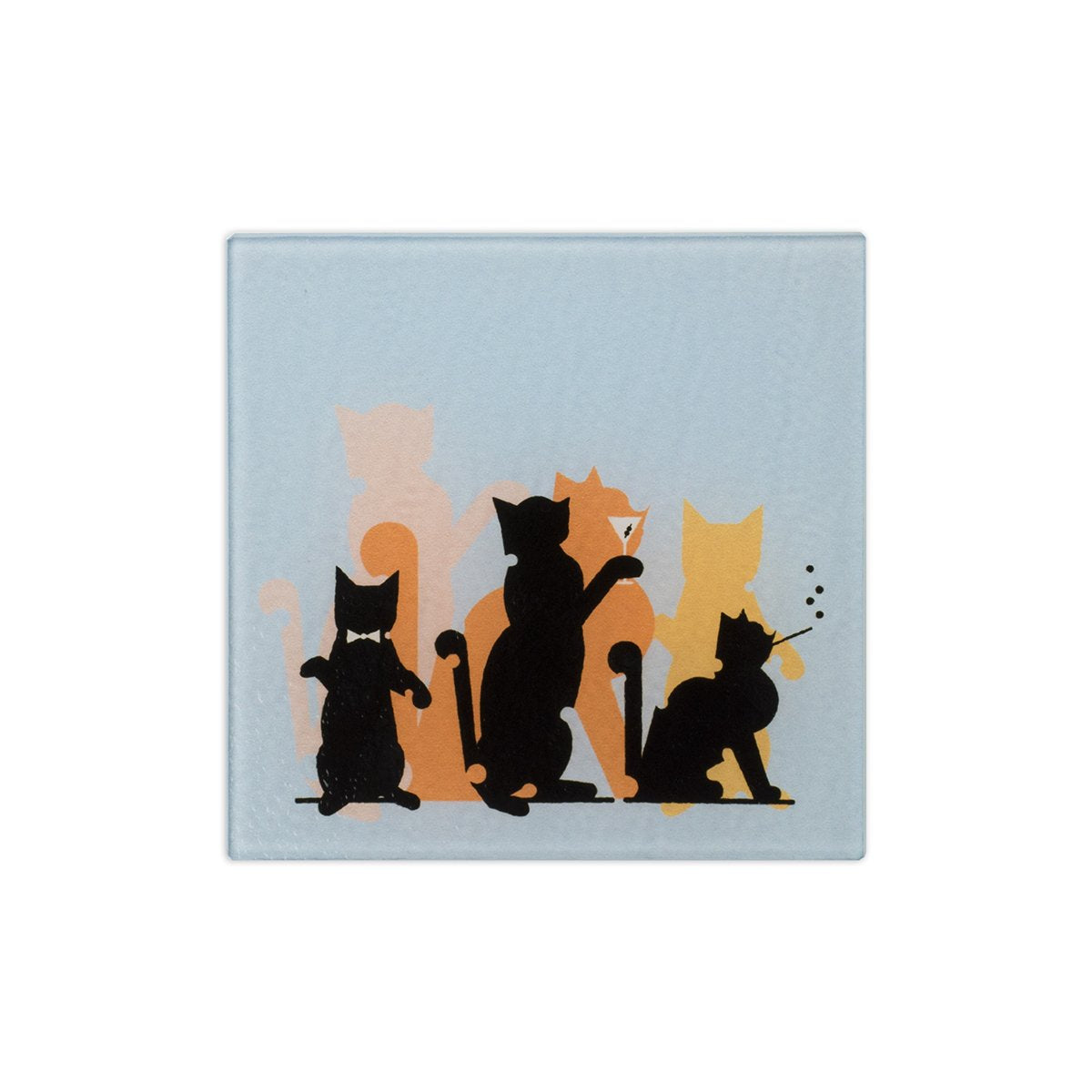 6" x 6" heat resistant tempered glass trivet featuring three silhouettes of cats in black and shades of orange