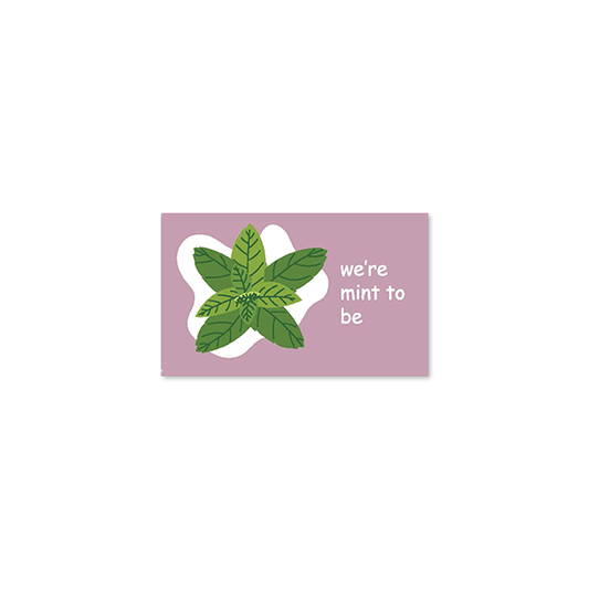 illustration of mint leaves with text reading "we're mint to be"