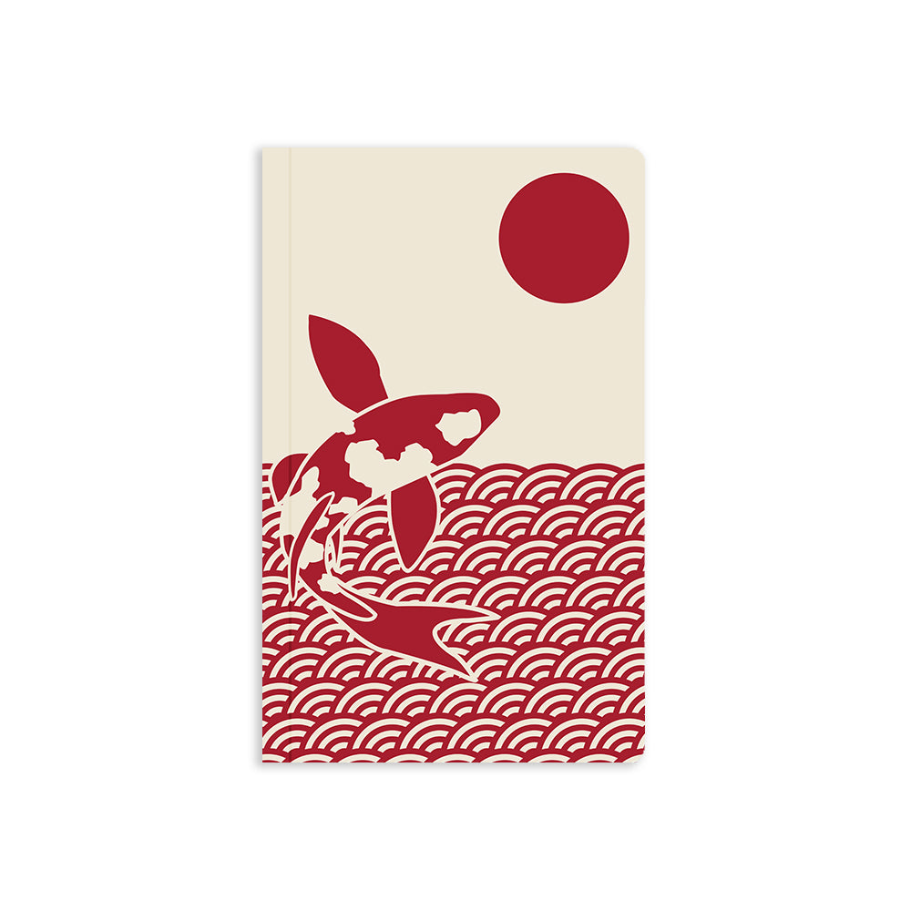 5" x 8.25" soft cover white notebook with red japanese wave pattern and red orca illustration