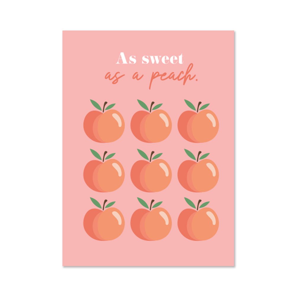 4.5" x 6.25" pink greeting card with 9 peach illustrations and as sweet as a peach text